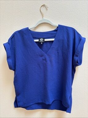 Bobeau Royal Blue Textured V-Neck Short Sleeve Casual Blouse Size XS
